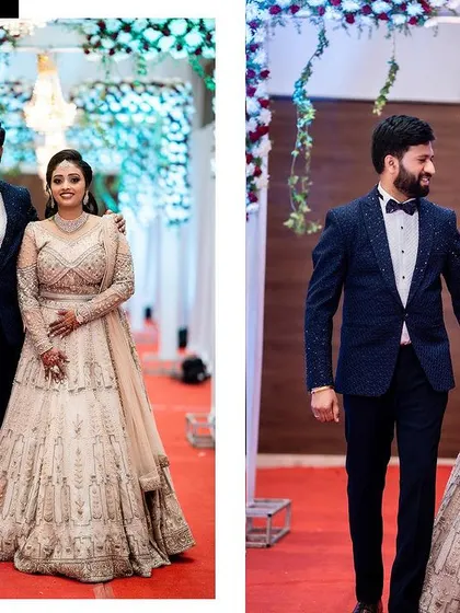 A collage showing the stylish couple at their reception, walking down the red carpet.