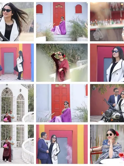 This photo collage displays the sheer variety of backdrops available for a single pre-wedding shoot, from our colorful walls to the Santorini set and European bridge.
