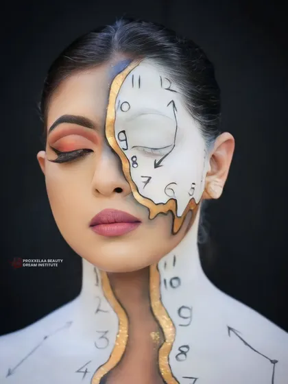Pushing the boundaries of creativity with this surrealist melting clock makeup. This is an example of my avant-garde work, where I use the face as a canvas to create living art.