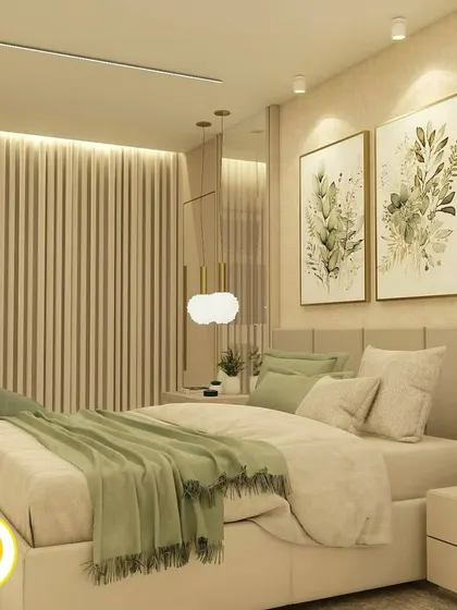 Another angle of the sage green bedroom, highlighting the soft textures and calming colors.