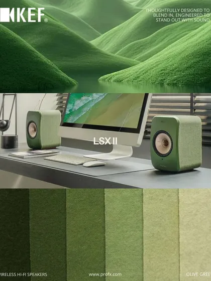 The KEF LSX II in Olive Green, a color inspired by nature. This speaker is designed to blend into your space while delivering the precise, high-fidelity sound KEF is known for.