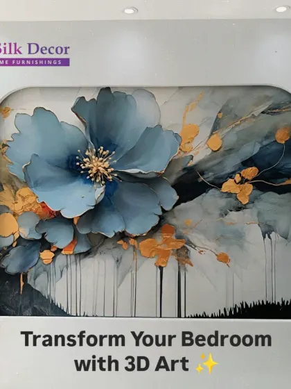 A close-up of a 3D floral art piece designed for a bedroom. The abstract blue flower with golden accents creates a luxurious and calming effect, perfectly framed within an arched niche to serve as an elegant headboard backdrop.