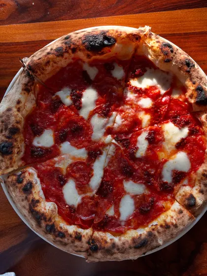 The full view of our Nduja & Soppressata pizza, a spicy masterpiece.