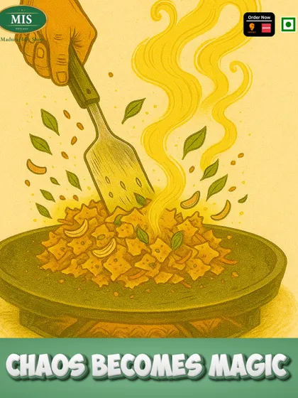 Chaos becomes magic on our griddle. This illustration shows the final step of making Kothu Parotta, where all the chopped ingredients come together in a delicious mix.