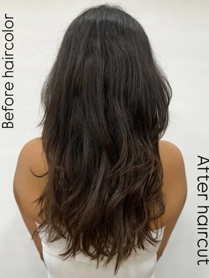 Another angle of the "Biscuit Brown" transformation, showing the haircut we did first to create a better canvas for the new color. A good cut is the foundation for amazing color.