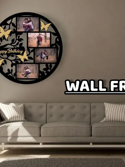 This circular wall frame has a beautiful butterfly and branch design. It's a very elegant way to display five photos for a birthday or any other occasion.