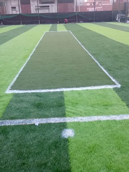 A perspective shot of the cricket pitch and boundary lines. The precision in marking is a key part of my installation process, delivering a professional look every time.
