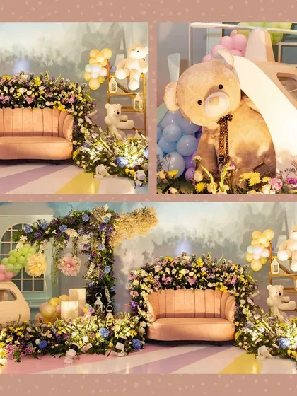A collage of the 'Enchanted Garden' seating area, showing the floral-covered sofa and the adorable oversized teddy bear prop, which added a touch of whimsy.