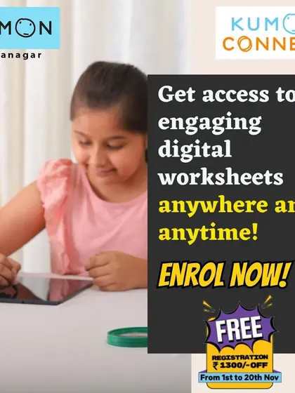 Our Kumon Connect platform provides access to engaging digital worksheets anytime, anywhere. This student is using a stylus to complete her work, showing how interactive the experience can be.
