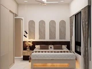 A serene bedroom concept featuring arched wall panels and under-bed lighting for a soft, ambient glow.