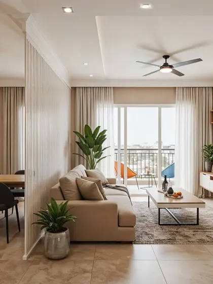 A render of a modern living room with a floating TV unit and an L-shaped sofa. The design is perfect for compact spaces, creating a feeling of openness.