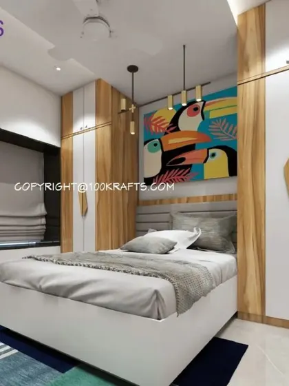 A fun and vibrant kids' room with a colorful toucan art piece and a two-toned wardrobe. The design is playful and perfect for a child's imagination.