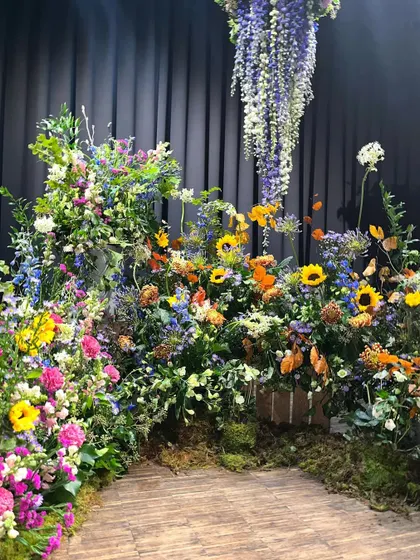 I created this "Glorious Colorful Meadow" as a floral set for a photo shoot. The design mimics a wild field with sunflowers, delphiniums, and a mix of colorful blooms, providing a vibrant and natural background.