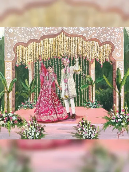 A vibrant and celebratory Jaimala moment captured on canvas. The bride's bright pink lehenga and the groom's playful pose bring a wonderful energy to this live wedding painting.