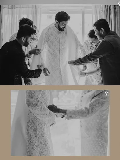 A black and white collage of the groom getting ready with his groomsmen. These images capture the camaraderie and happy, candid moments before the ceremony.