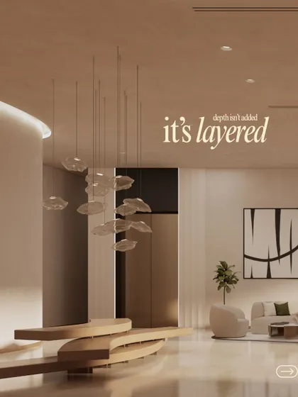 "Depth isn't added, it's layered." We used suspended lighting and layered materials to create a sense of depth in the clubhouse lobby.