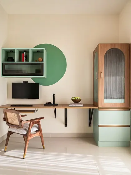 The full view of the study and puja unit in 'The Boho Escape', showing how the desk can be fully extended for work.
