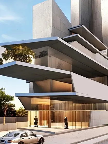 A conceptual design with cantilevered glass volumes and a rooftop tree.