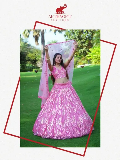 This blush pink lehenga is a whole mood. I designed it to be light, graceful, and full of shimmering sequins so you can twirl effortlessly and feel like the main character. It’s perfect for sangeet nights or a daytime wedding.