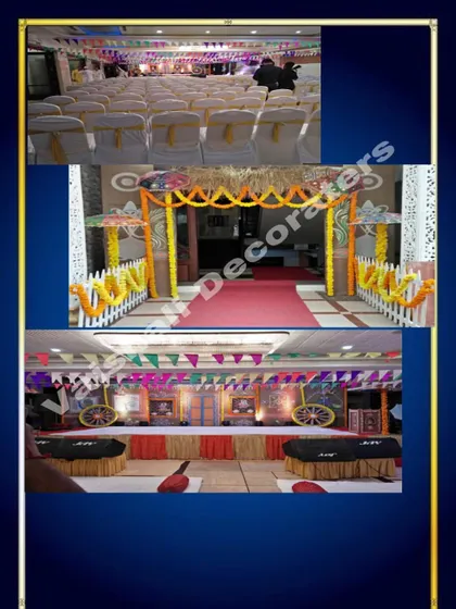 This collage showcases various elements of our traditional event decor, including a marigold-decorated entrance, colourful stage, and festive guest seating arrangements.