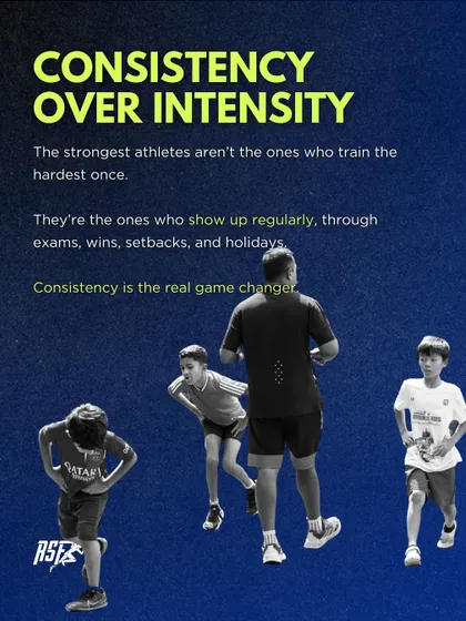 Consistency over intensity. This graphic highlights that the strongest athletes are the ones who show up regularly, through wins, setbacks, and holidays. Consistency is the real game-changer in long-term development.