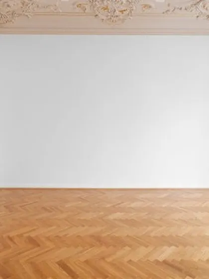 An empty room with a freshly installed herringbone floor shows the beautiful pattern and warm wood tones. This classic parquet flooring is ready to be the elegant foundation for any style of decor.