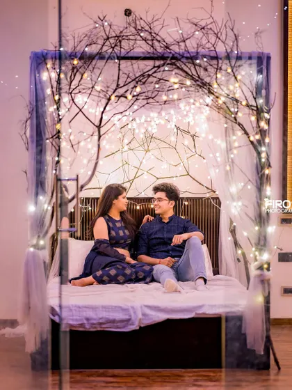 A cozy and romantic shot in our indoor bed set, perfect for a relaxed and intimate photoshoot.