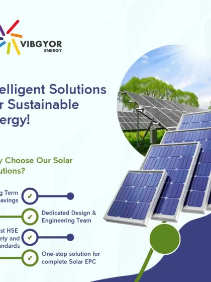 This graphic summarizes our promise of intelligent solutions for sustainable energy. We are a one-stop solution for complete Solar EPC, backed by a dedicated engineering team and a commitment to the highest safety and quality standards.