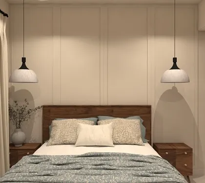 A duplicate of 82, showing the paneled wall and pendant lights.