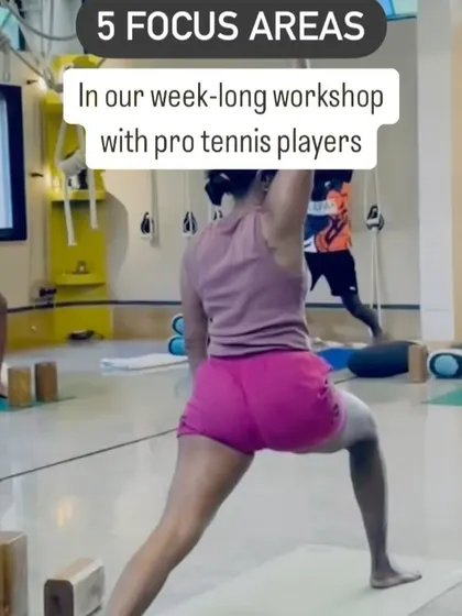 Another view from the tennis players' workshop, highlighting one of the five focus areas. A strong standing pose practice is fundamental for athletes to build stability and power from the ground up.
