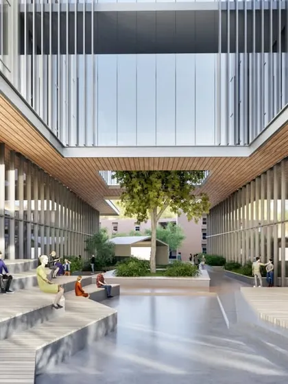 The courtyard of the upcoming DJ Medicity campus is designed as a collaborative, open-air amphitheater. This space fosters interaction and learning outside the classroom, embodying our vision of an integrated healthcare and learning ecosystem.