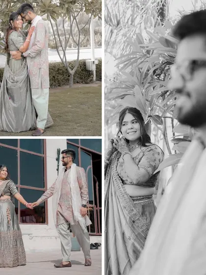 This collage combines color and black and white portraits from a Haldi or Mehendi day. It captures the couple walking hand-in-hand and sharing quiet, candid moments.