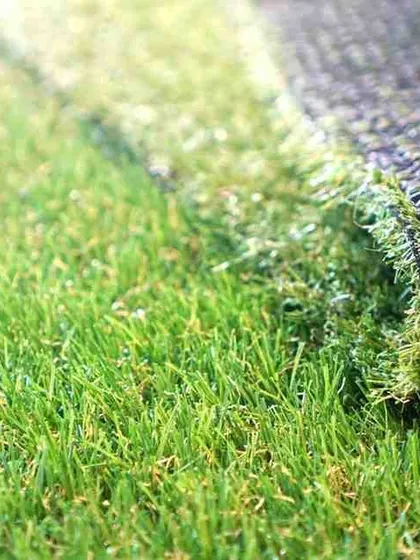 A close-up view of a roll of my premium artificial turf, showing the dense, multi-toned green blades and the durable black backing. This demonstrates the high quality and realistic appearance of the materials I use for all my green wall and lawn installations.