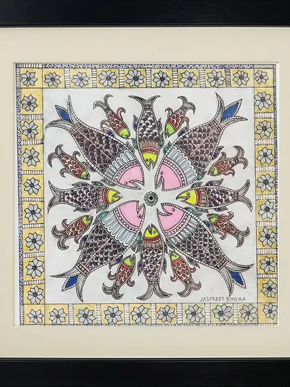 A beautiful Madhubani mandala by artist Pramod, featuring a circle of fish. This symmetrical composition is a classic motif in Mithila art, symbolizing unity and the cycle of life.