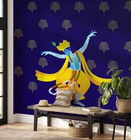 Our Dancing Lord Krishna wallpaper adds a touch of divine grace to this entryway. The vibrant colors and dynamic artwork create a welcoming and spiritually uplifting atmosphere.