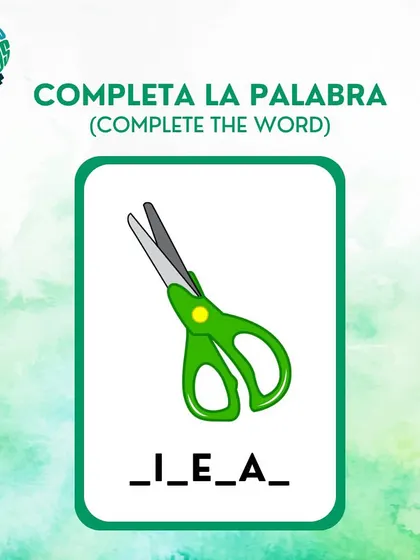 Let's play 'Complete the Word'. What is the Spanish word for scissors? Fill in the blanks for 'T_JE_AS'.