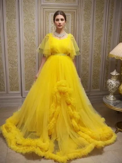 A stunning yellow ruffle gown that's perfect for a Haldi ceremony, reception, or any grand celebration. This gown is also available in five other colors.