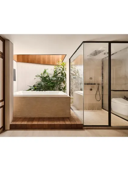 We believe bathrooms should be personal sanctuaries. For this space in our Embassy 821 project, we brought a tropical garden indoors, blurring the lines between the built environment and nature to create a spa-like experience of ultimate tranquility and luxury.