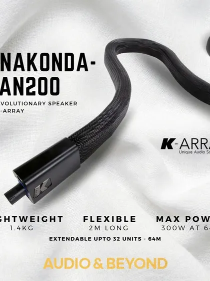 This graphic details the specifications of the K-Array Anakonda KAN200 speaker. It is lightweight at 1.4kg, flexible, and 2 meters long, demonstrating how we can deliver powerful audio with a max power of 300W in a discreet and adaptable form factor.