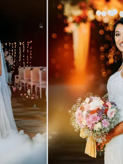 A stunning diptych of the bride in her classic white wedding gown, captured during her Christian wedding ceremony.