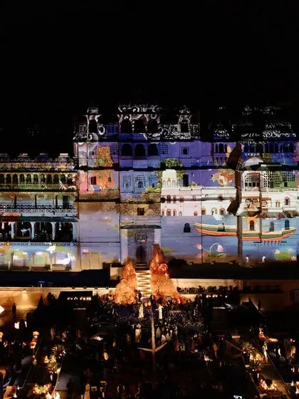 Detailed shots of the projection mapping, showing how we used traditional motifs and vibrant colors to tell a story on the palace walls.