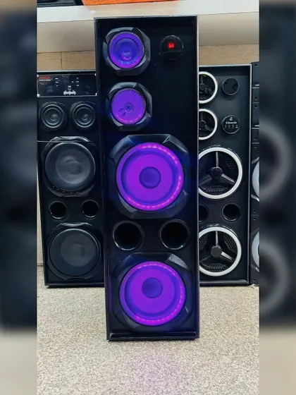 Here is the Black Star model with deep purple lighting. The combination of powerful bass and customizable aesthetics makes it one of my most popular home theatre systems.