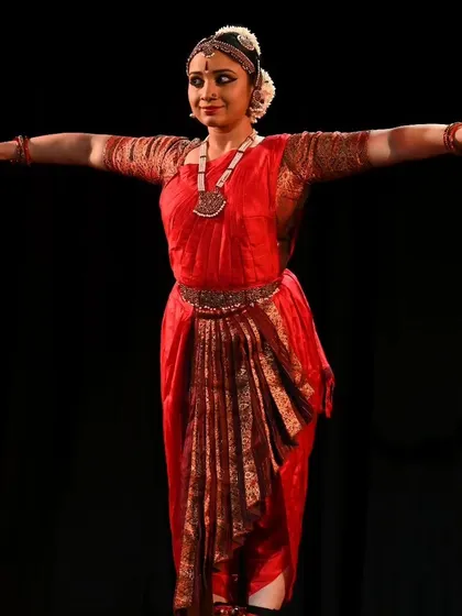 My wonderful student, Meera Sreenarayanan, captured in a moment of thunderous energy during her performance of the "Danike" Varnam. It is my greatest joy to see my students command the stage with such spirit.