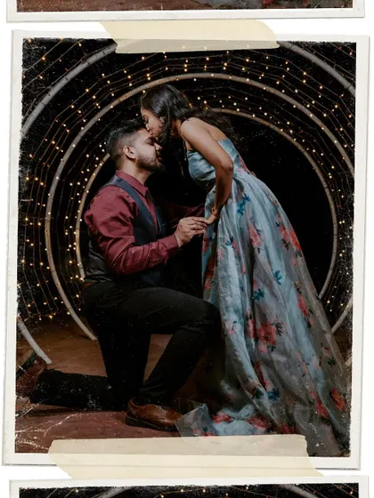 An artistic, vintage-style photo of the proposal moment.