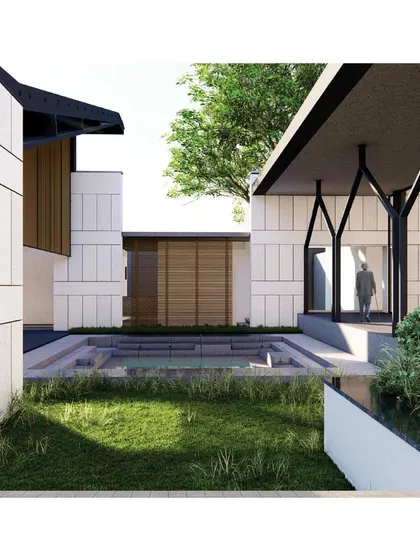 An outdoor breakout space at the Hoodi Convention Center, featuring a plunge pool and landscaped garden. The design provides a variety of indoor and outdoor spaces to accommodate different types of events and encourage informal interaction.