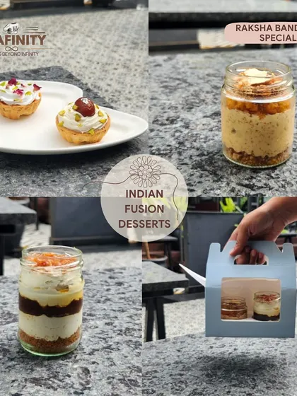 Tarts and layered jars sit beside a windowed gift box in our 2025 seasonal Indian Fusion Dessert Hamper presentation.