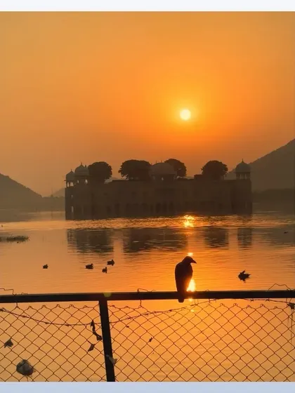 The sun sets over Jal Mahal, the Water Palace, in Jaipur. A bird silhouetted on a fence in the foreground adds a poetic touch to this beautiful landscape.