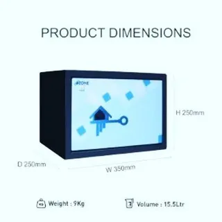 This image shows the product dimensions of the Convenio Manual-11 safe. With a 15.5-litre volume and weighing 9 kg, it is a compact and sturdy choice for basic security needs in a home or office.