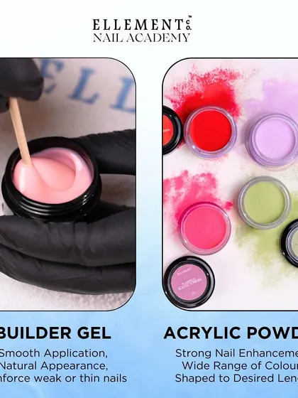 A comparison of Builder Gel and Acrylic Powder, highlighting their key features: smooth application for gel versus strong enhancement for acrylic.
