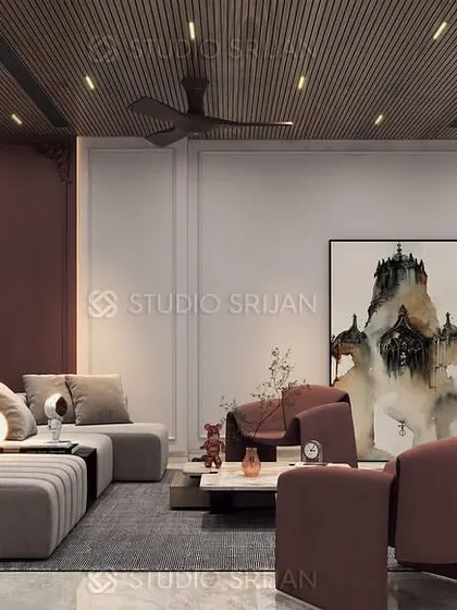 This lobby and dining area in Janakpuri, New Delhi, uses a warm color palette and a mix of textures, including a wooden ceiling and plush seating, to create a welcoming atmosphere.